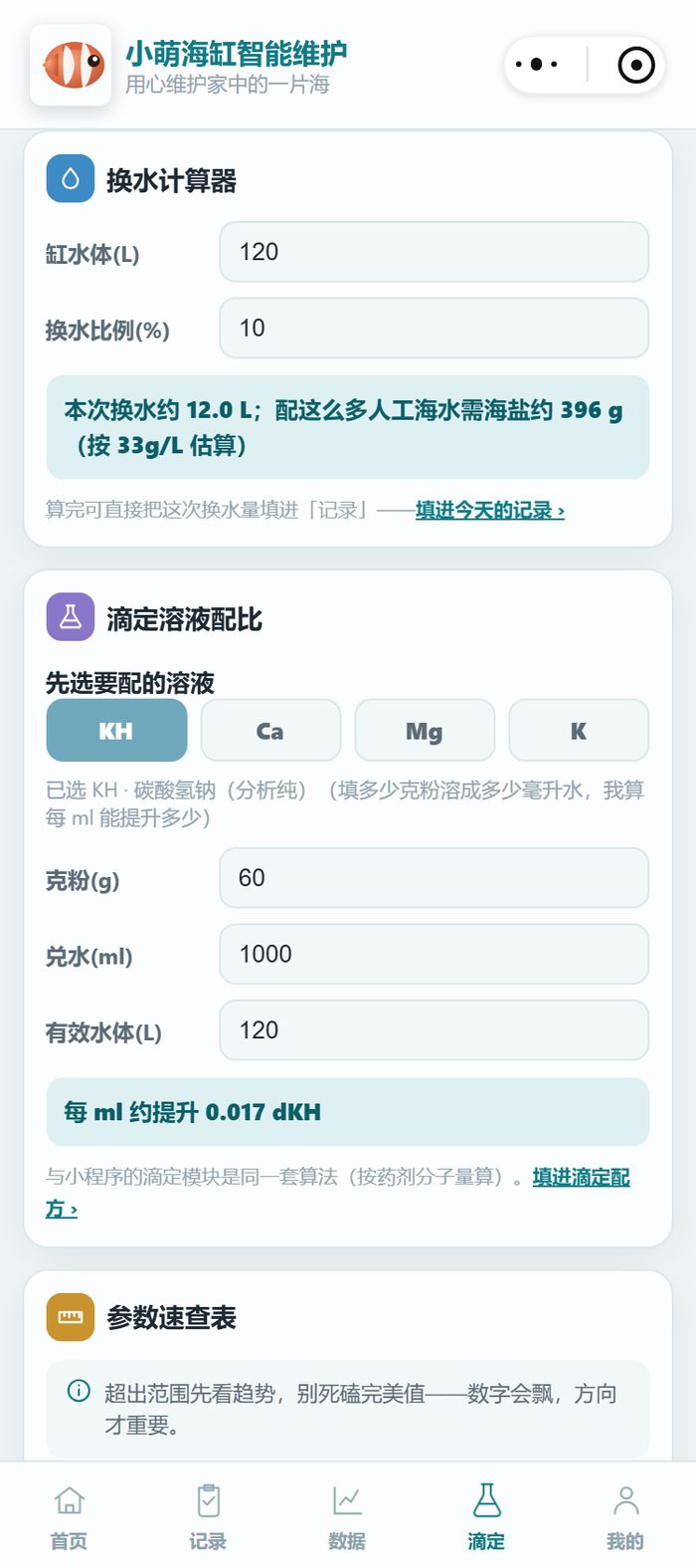 小萌海缸小程序工具页换水计算器：缸水体填 120L、换水比例 10%，算出本次换水约 12.0L、需海盐约 396g，下方接滴定溶液配比