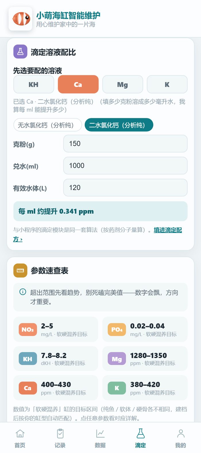 小程序工具页的滴定配比：同样是补钙，无水氯化钙和二水氯化钙每毫升能提升的量差了快一半