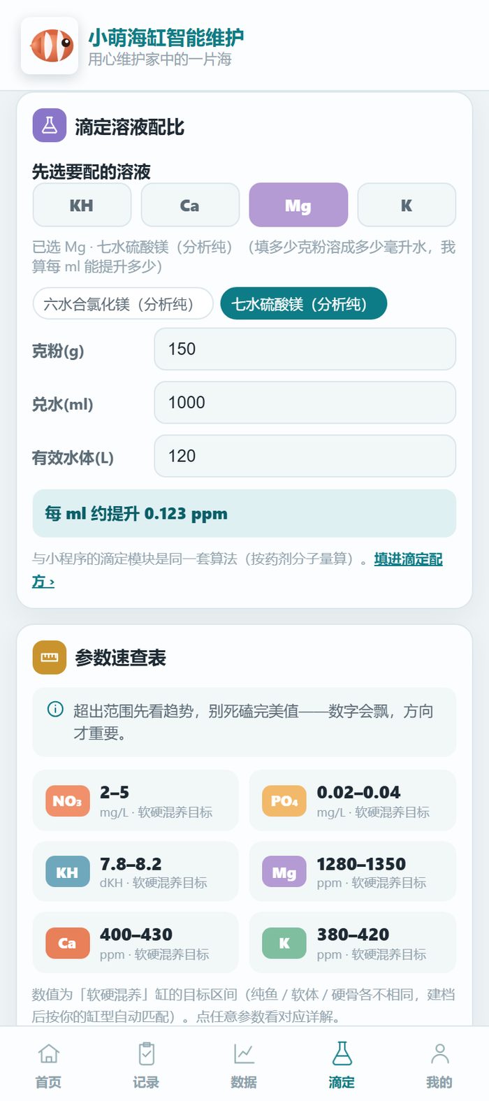 小程序工具页的滴定配比：选泻盐（七水硫酸镁）时算出的每毫升提升量，和六水氯化镁完全不同