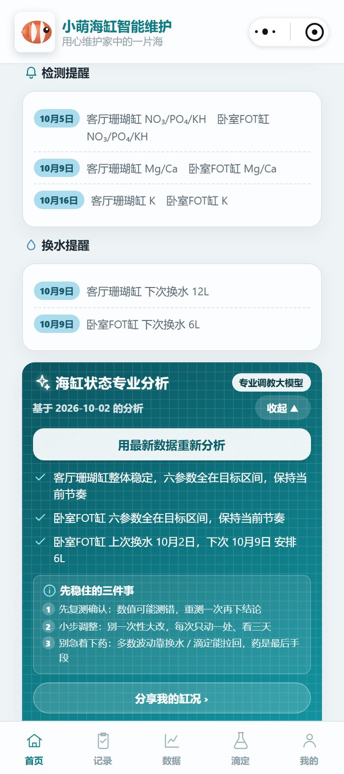 小萌海缸小程序检测提醒页：客厅珊瑚缸与卧室FOT缸分组，NO₃/PO₄/KH 显示 10月5日、Mg/Ca 显示 10月9日、K 显示 10月16日，三档不同周期