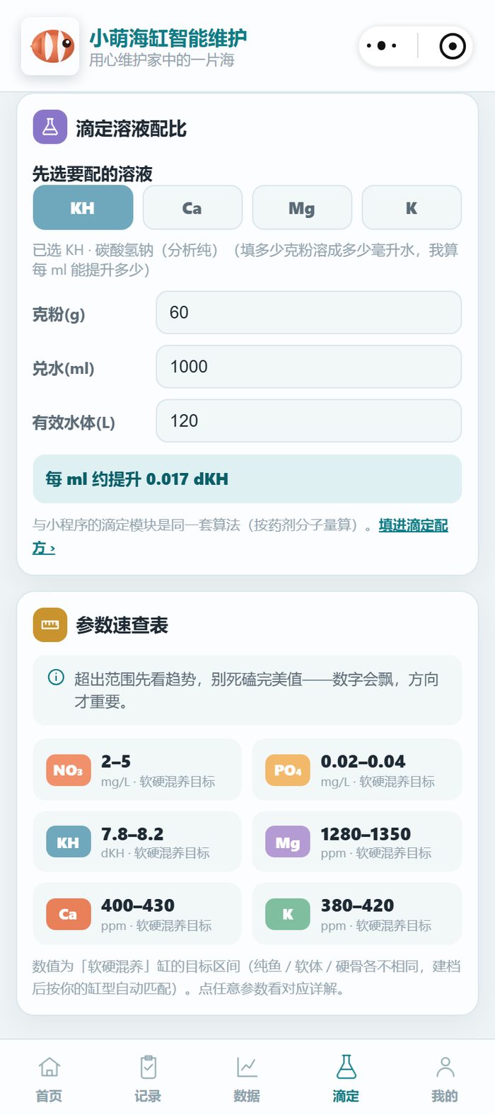 小萌海缸小程序工具页·滴定溶液配比：选 KH 碳酸氢钠 60 克兑水 1000 毫升、有效水体 120 升，算出每 ml 约提升 0.017 dKH